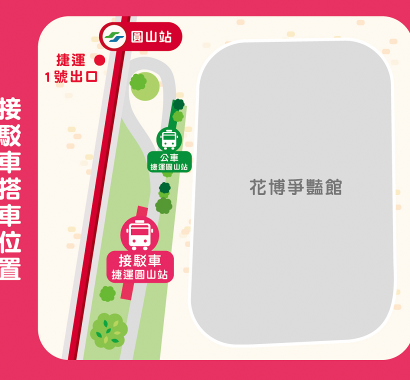 玫瑰展周六、日接駁車乘車位置。