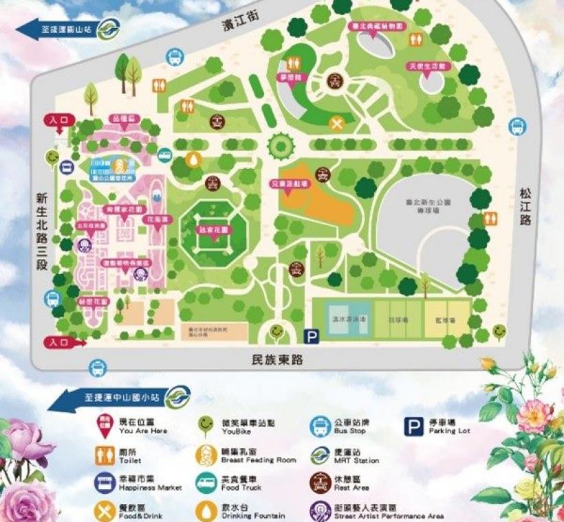 2025臺北玫瑰展全區導覽地圖清楚的標示臺北玫瑰園的6大展區