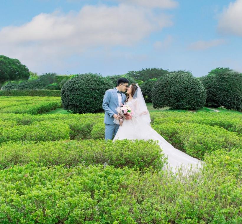 迷宮花園也是拍攝絕佳場所，低矮樹蘭與藍天白雲共同營造出歐式庭園的即視感。